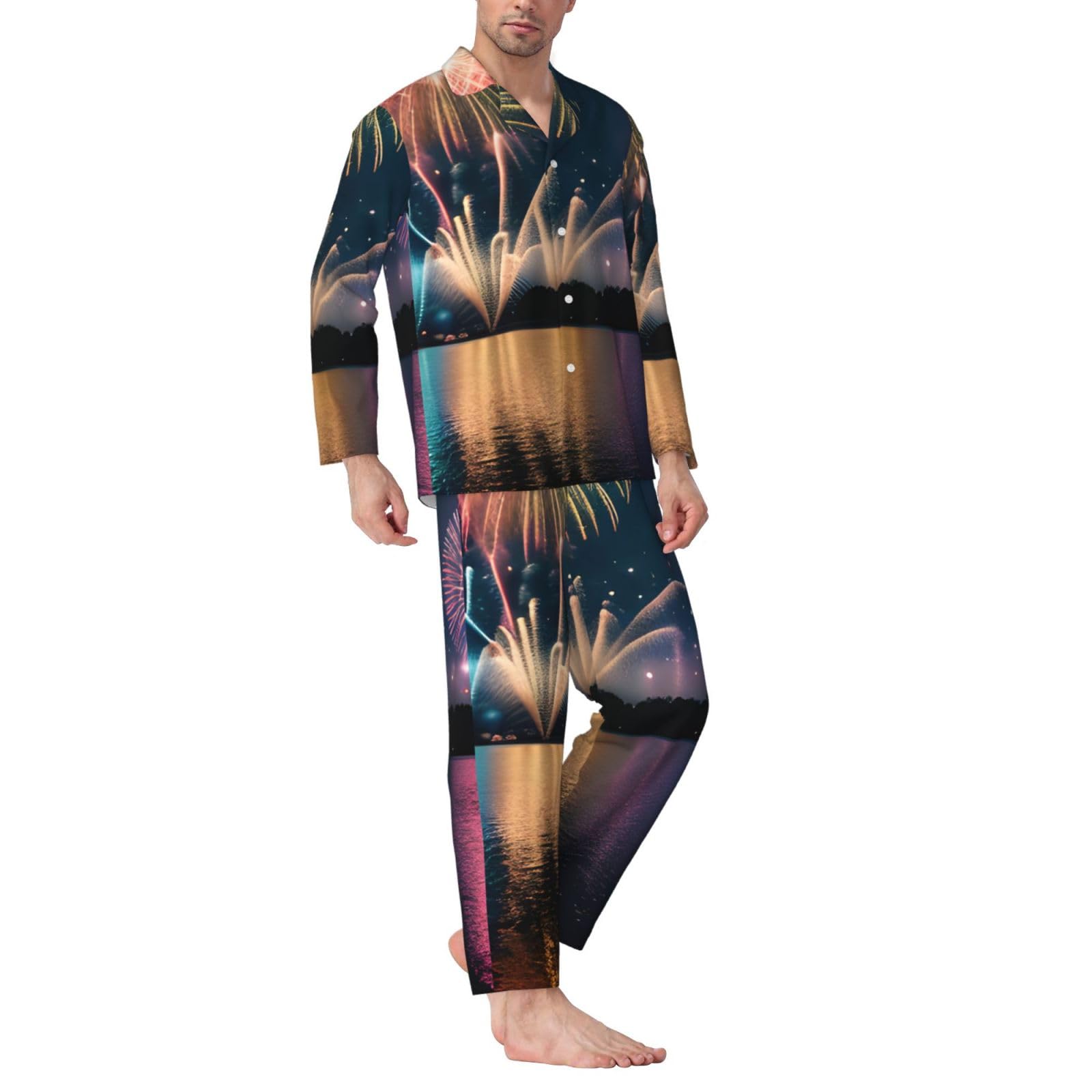 Herren-Pyjama-Set mit Feuerwerks-Aufdruck, langärmelig, zweiteilig, Hauskleidung, bequeme Nachtwäsche