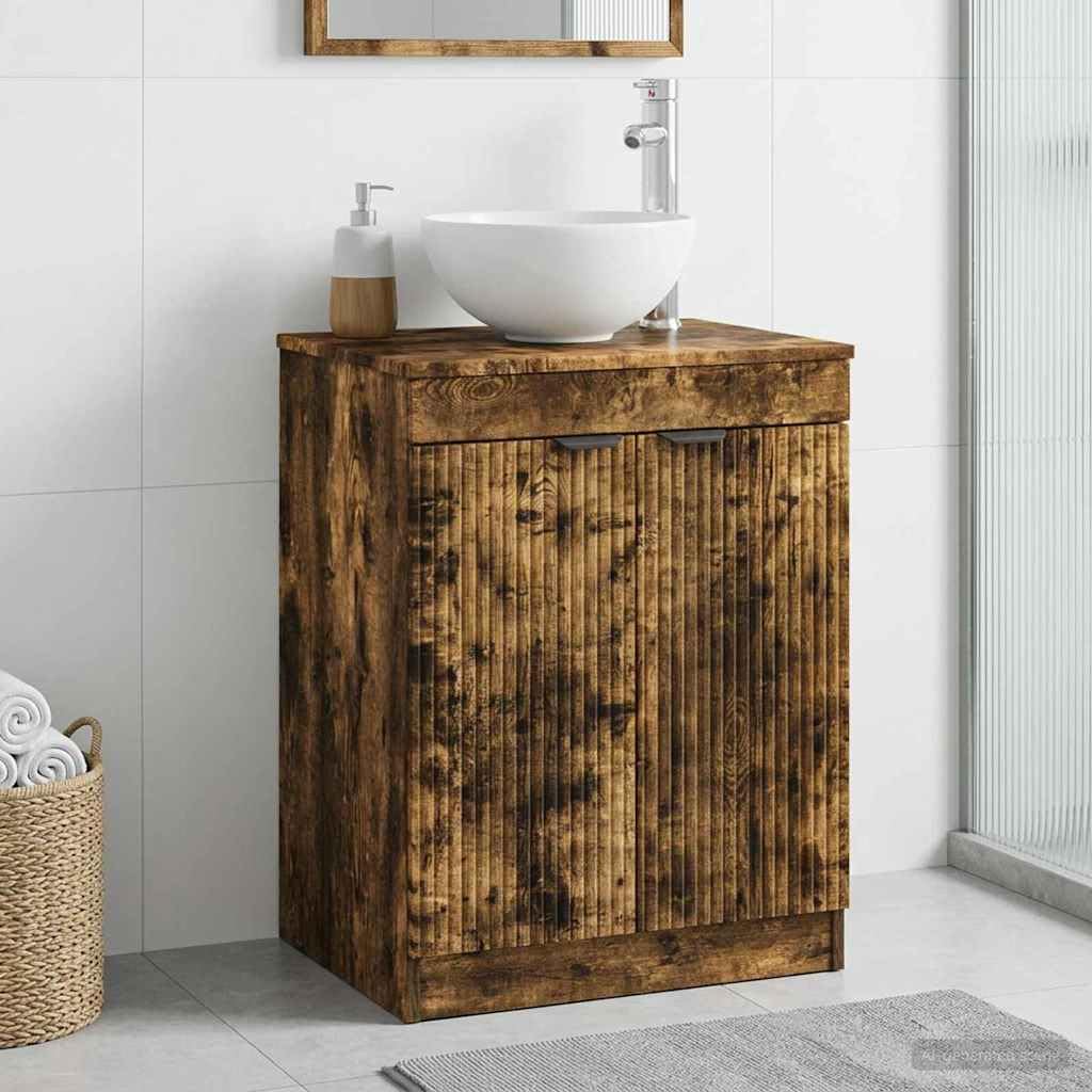 Mueble de baño de roble ahumado, 54 x 41 x 70 cm | Elegante mueble de lavabo para baño de invitados con orificio de placa flexible y mango negro.