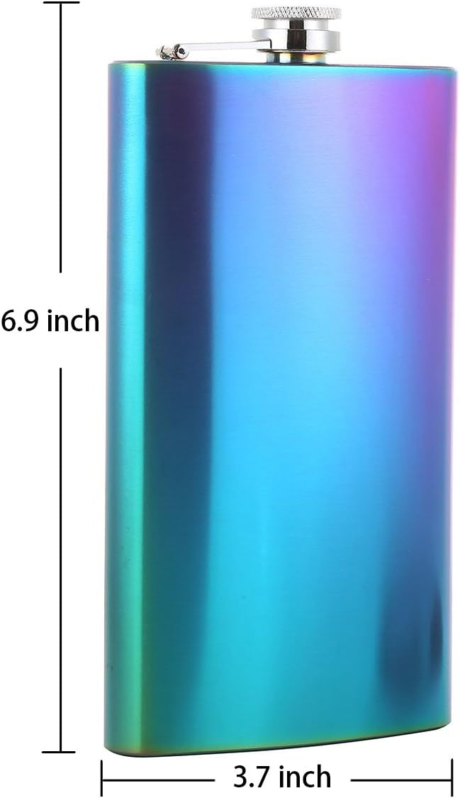 12 oz Rainbow Colored Pocket Liquor Whiskey Hip Flask with Funnel and Box - Stainless Steel and Leak Proof