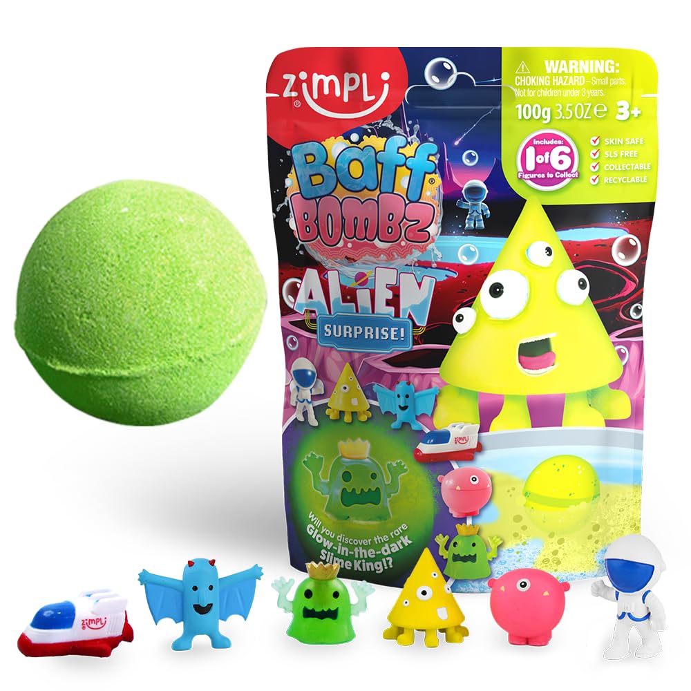 Zimpli KidsLarge Alien Surprise Bath Bomb, The Bath Bomb Contains 1 of 6 Surprise Fruit Toys to Collect, Mystery Toys for Boys & Girls, Collectible Toy, Party Bag Favours Fillers, Novelty & Gag Toys