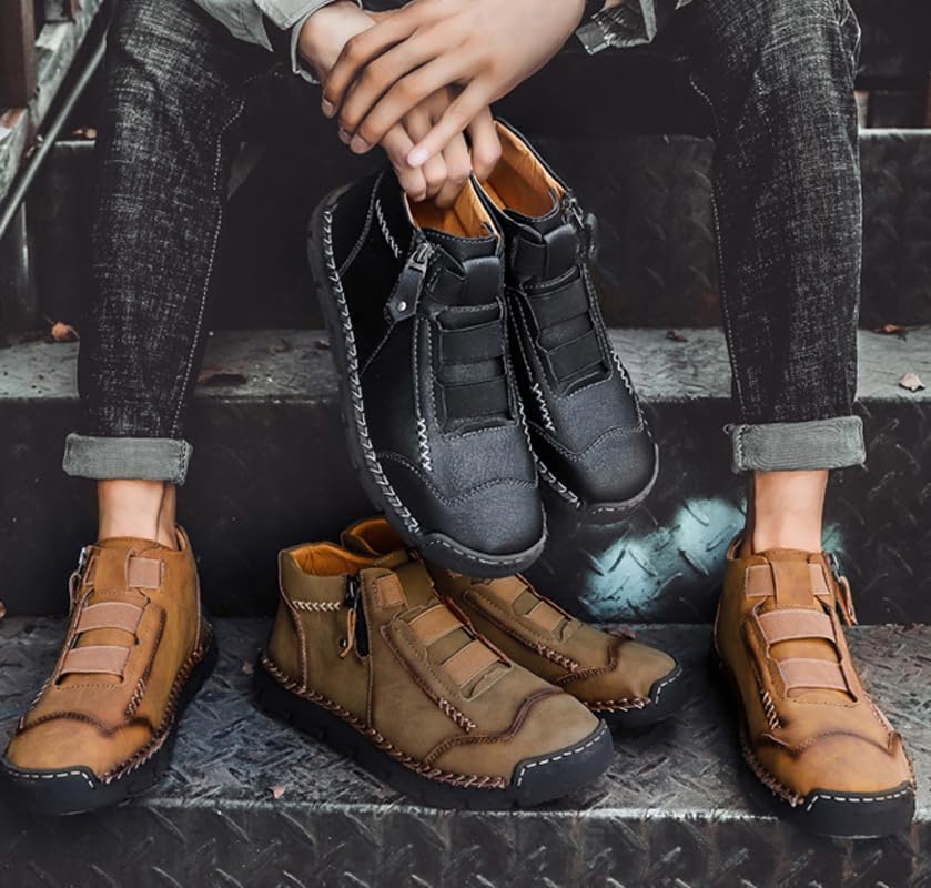 Matufit Shoes for Men, Men's Handmade Leather Slip-On Driving Boots with Side Zipper, Ankle Boots Men Outdoor Lightweight Non-Slip Flats Loafers2