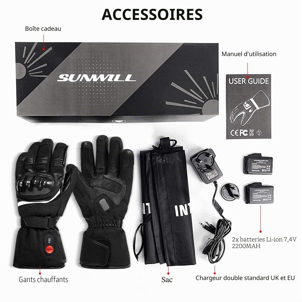 Sun Will Gants Moto Ski Chauffants Hiver Homme Femme –Coque De Protection Carbone PVC+Double Etanche, Gant Chauffant Électriques pour Ski De Neige Pêcher Cyclisme Chasse Arthrite Mala