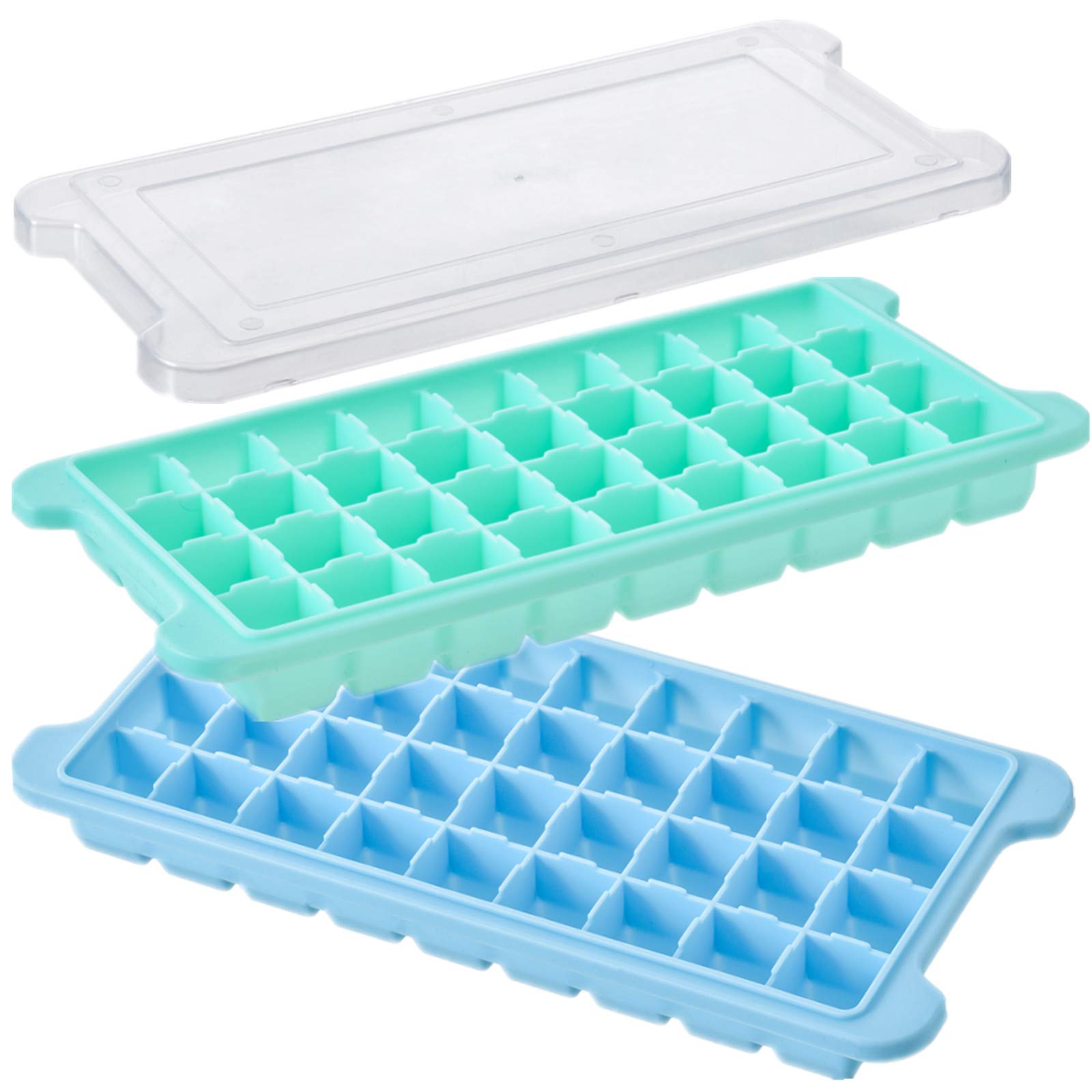 Ice Cube Trays with Lids,2 Pack Silicone Ice Cube Trays Flexible and Easy Release 36 Ice Cube Molds for Whiskey,BPA Free (36 Ice Tray-Green+Blue)