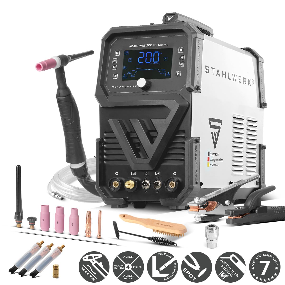 STAHLWERK Poste à souder combiné 3-en-1 AC/DC TIG 200 ST Digital – TIG & MMA (ARC) jusqu'à 200 A, mode Clean pour le nettoyage électrochimique des soudures inox, amorçage HF, fonction Spot