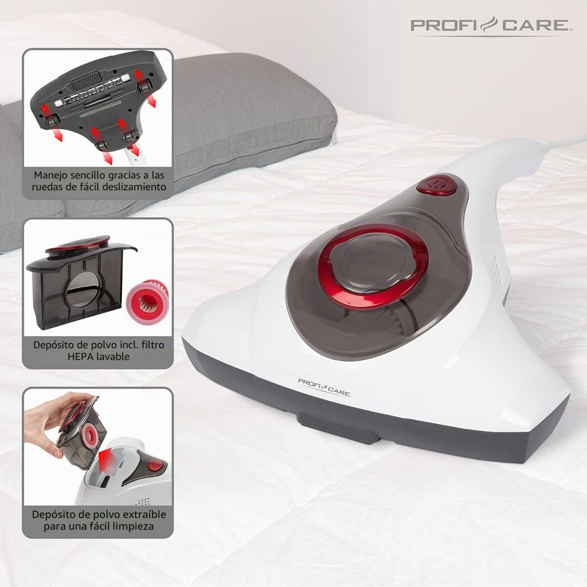 ProfiCare PC-MS 3079 3079-Aspirador antiácaros para Limpiar Las Superficies de los ácaros y el Polvo, función de vibración, lámpara UV de desgerminación, Color Blanco