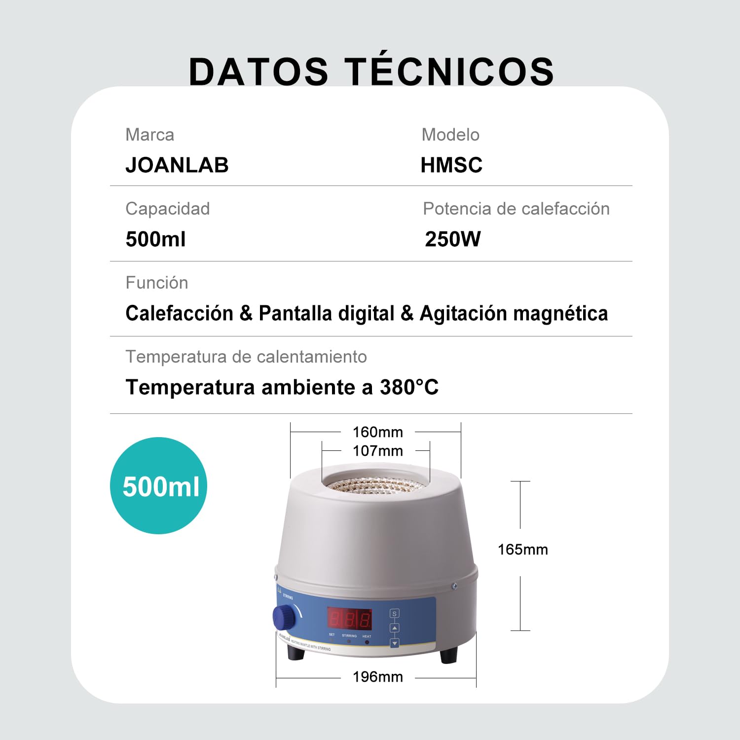 JOANLAB Agitador magnético con campana térmica, 500 ml, termostato de laboratorio con pantalla digital, 250 W, sonda de temperatura y función de temporizador