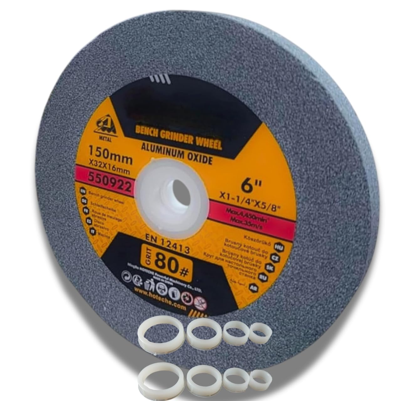 Disco Mola Abrasiva per Smerigliatrice da Banco 150x16 mm | Grana 80 | Set Professionale con 4 Anelli di Riduzione (32mm a 12.7mm) | Pietra Abrasiva per Metallo, Acciaio, Affilatura e Fai-da-Te
