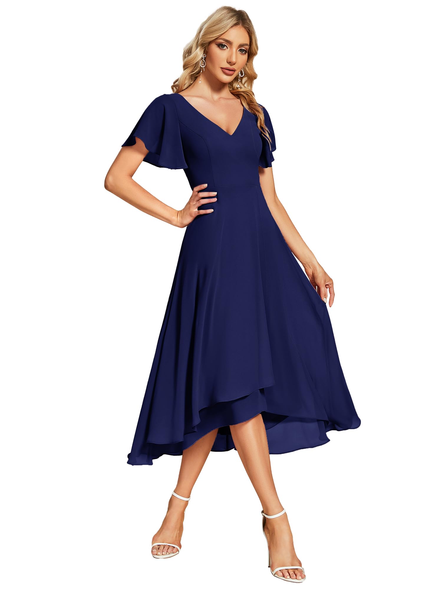 Ever-Pretty Vestidos De Fiesta para Mujer Cuello de Pico Una Línea Vestido Elegante Aanga Corta Alto-Bajo