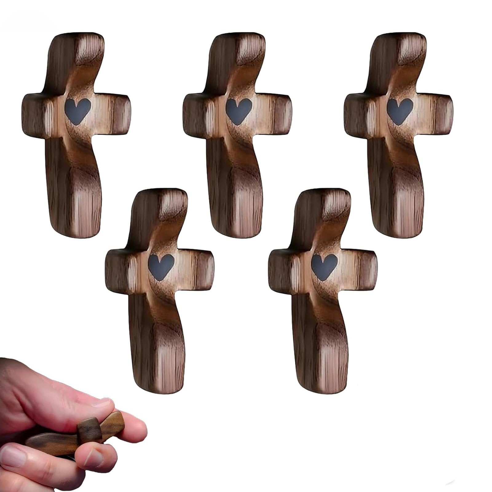 Yunjuhop Wooden Cross Fidget,Cross My Heart from The Holy Land,Jesus Wooden Pocket C-r-o-s-s Love Heart Stress Relief Gifts Thumb Holding C-r-o-s-s Awesome Christian Easter Gifts (black 5pcs)