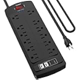 6 Ft Extension Cord Power Strip, Teiobar Surge Protector with 12 AC Outlets and 4 USB Ports for Home, Office, Dorm Essentials, 1875W/15A, 2700 Joules, ETL Listed, Black