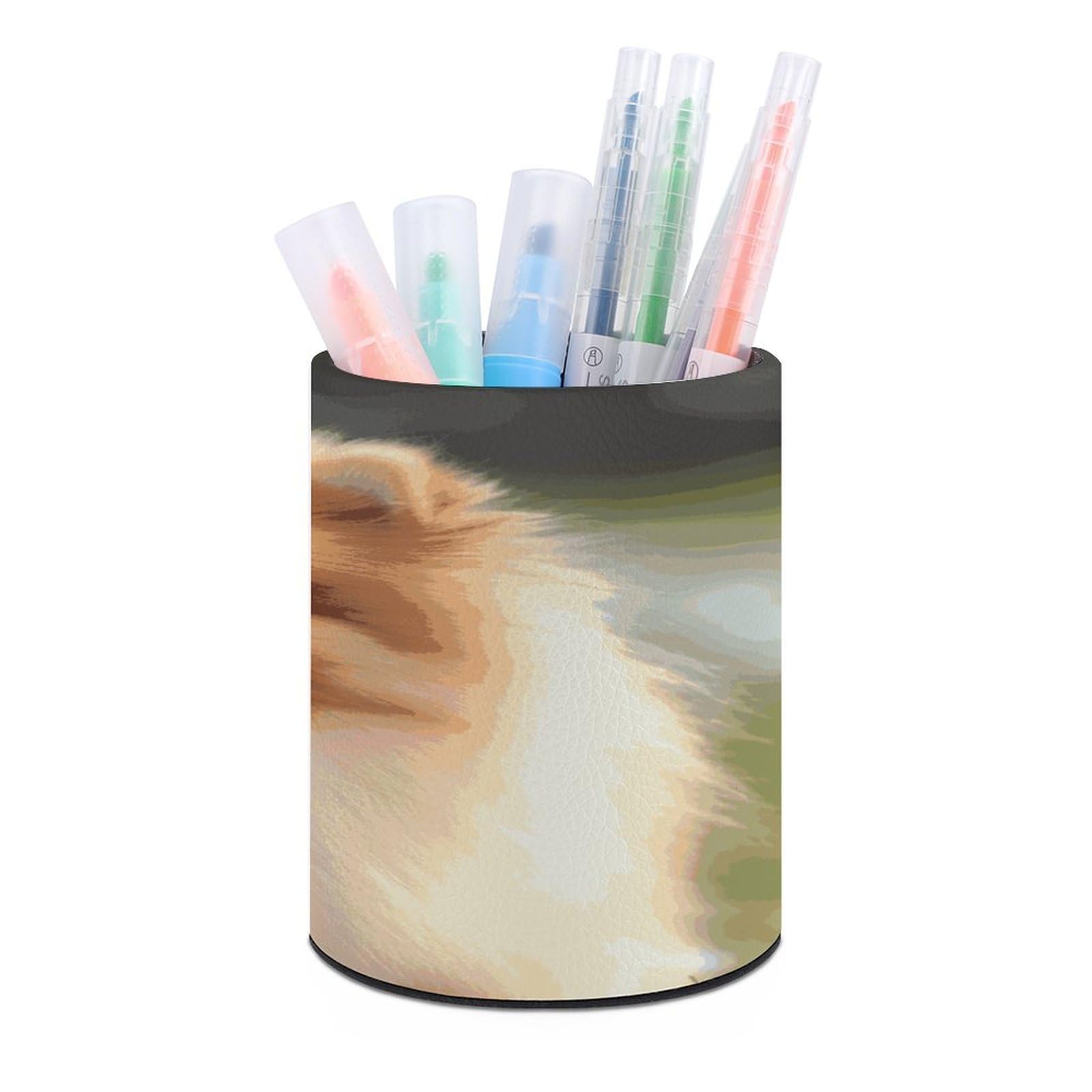 MUSM Pomeranian Dog Pen Holder Round PU Leather Pencil Cup Waterproof Pencil Holder for Desk Pen Cup Pen Organizer Pencil Organizer Makeup Brush Holders for Home Office Decor