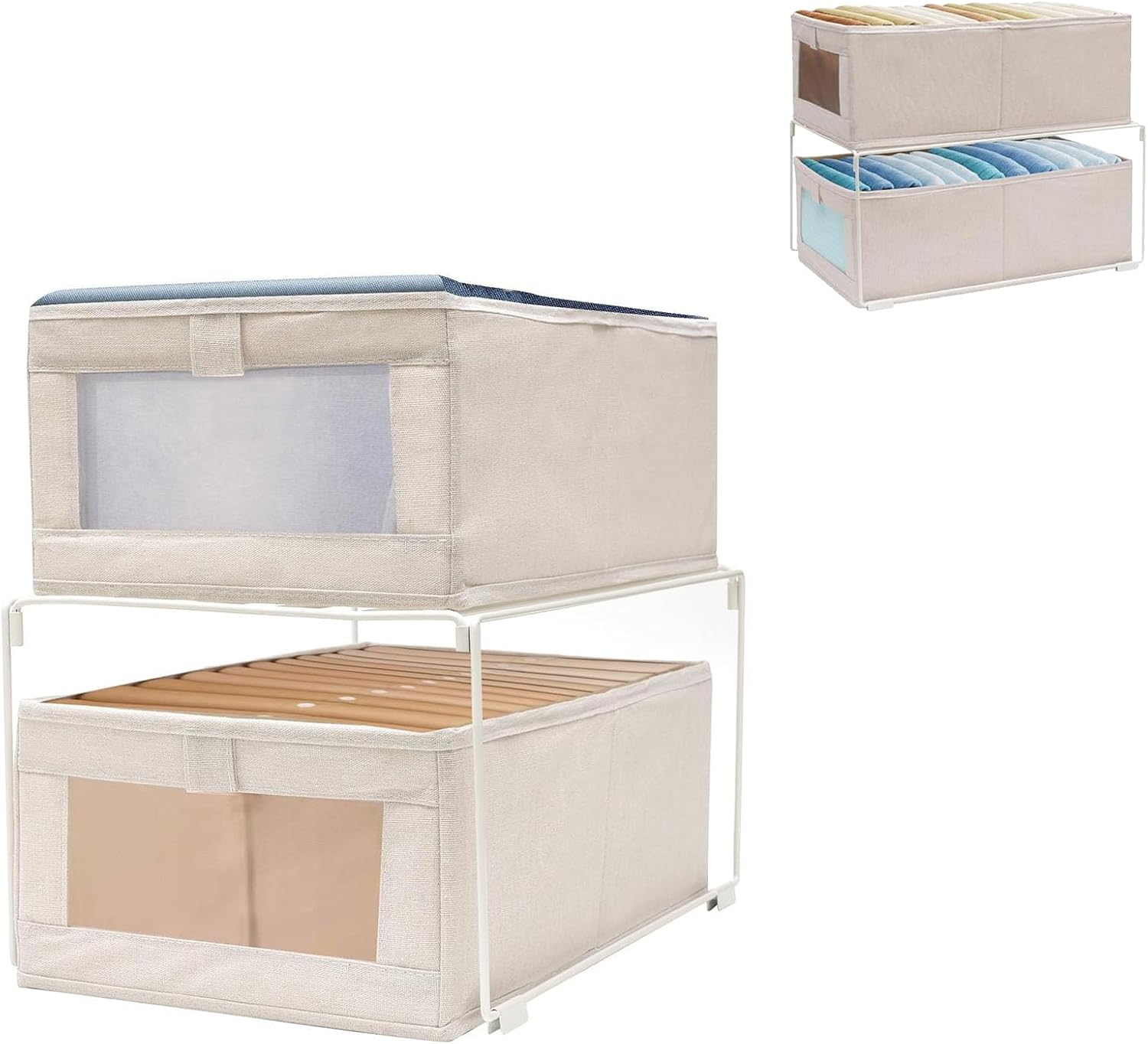 Stackable Drawers Organizer, 2 Pack Clothes Storage Bins & 1 Foldable Metal Closet Organizers Rack, Cotton Drawer Clothing Organization Box for Underwear, Sweatshirt, Dresses, Socks, (1 Set)