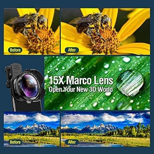 Phone Camera Lens Kit 2 in 1 Pro Camera Lens Kit,15X Macro 5K HD 0.56X Wide Angle for iPhone X XR XS Max 8 7 6S Plus Samsung with Bag and Travel Case