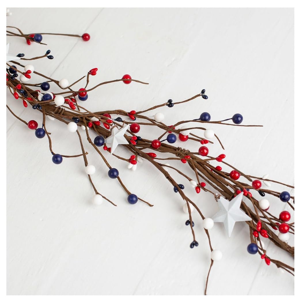 Factory Direct Craft Americana Mixed Berry and White Stars Garland - Red, White and Blue Berries and Metal Stars for Patriotic Decorating (58 Inches Long)