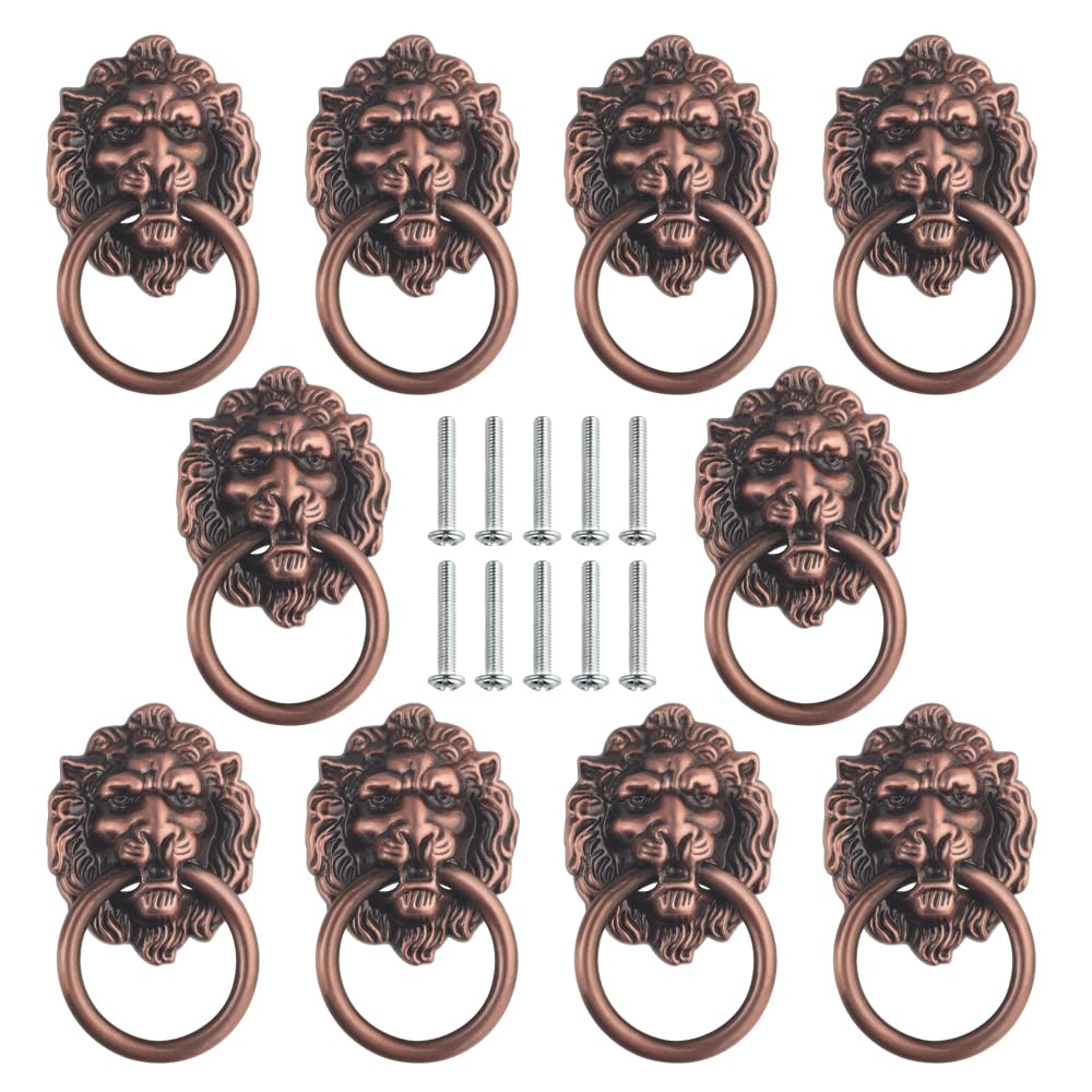 Tovot Copper 10Pcs 2.7" Lion-Head Drawer Pulls Drawer Handles Set Ring Pulls Antique Drawer Handles With Screws (Copper)