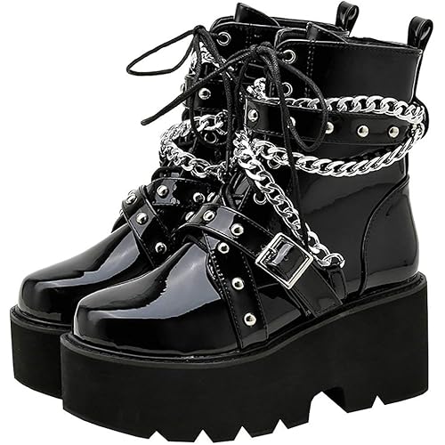 Parisuit Womens Goth Patent Ankle Boots Platform Chunky High Heel Lace Up Combat Boots Punk Short Booties
