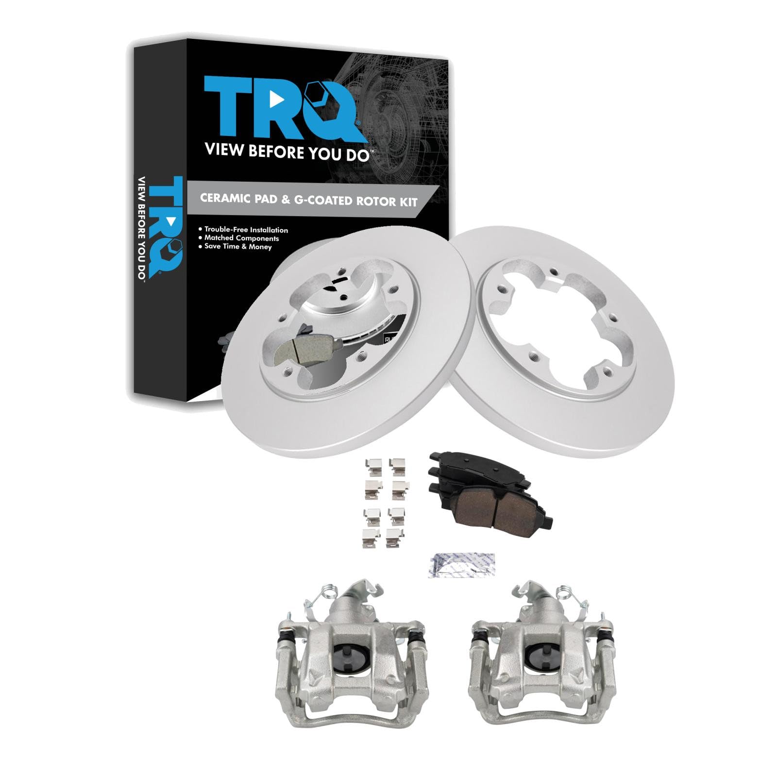 TRQ Rear Brake Pad and Rotor Set Ceramic G Coated Rotors Calipers