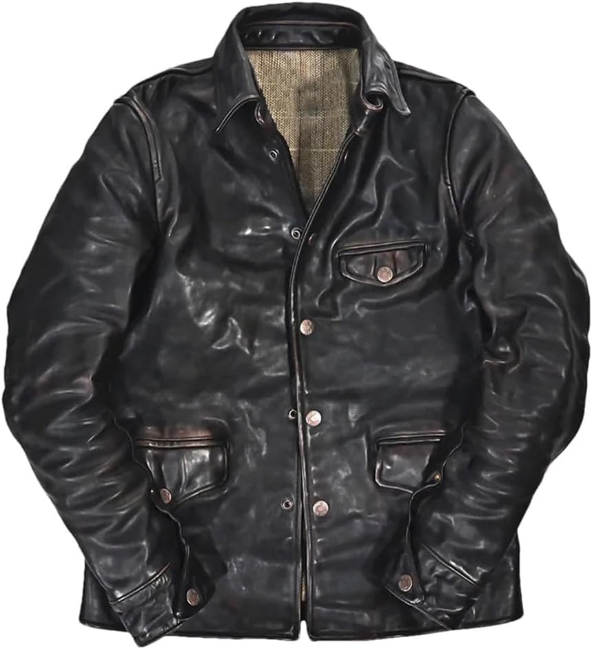 Vintage Distressed Slim Horsehide Jacket Zip Up Genuine Leather Moto Racer Jacket For Men