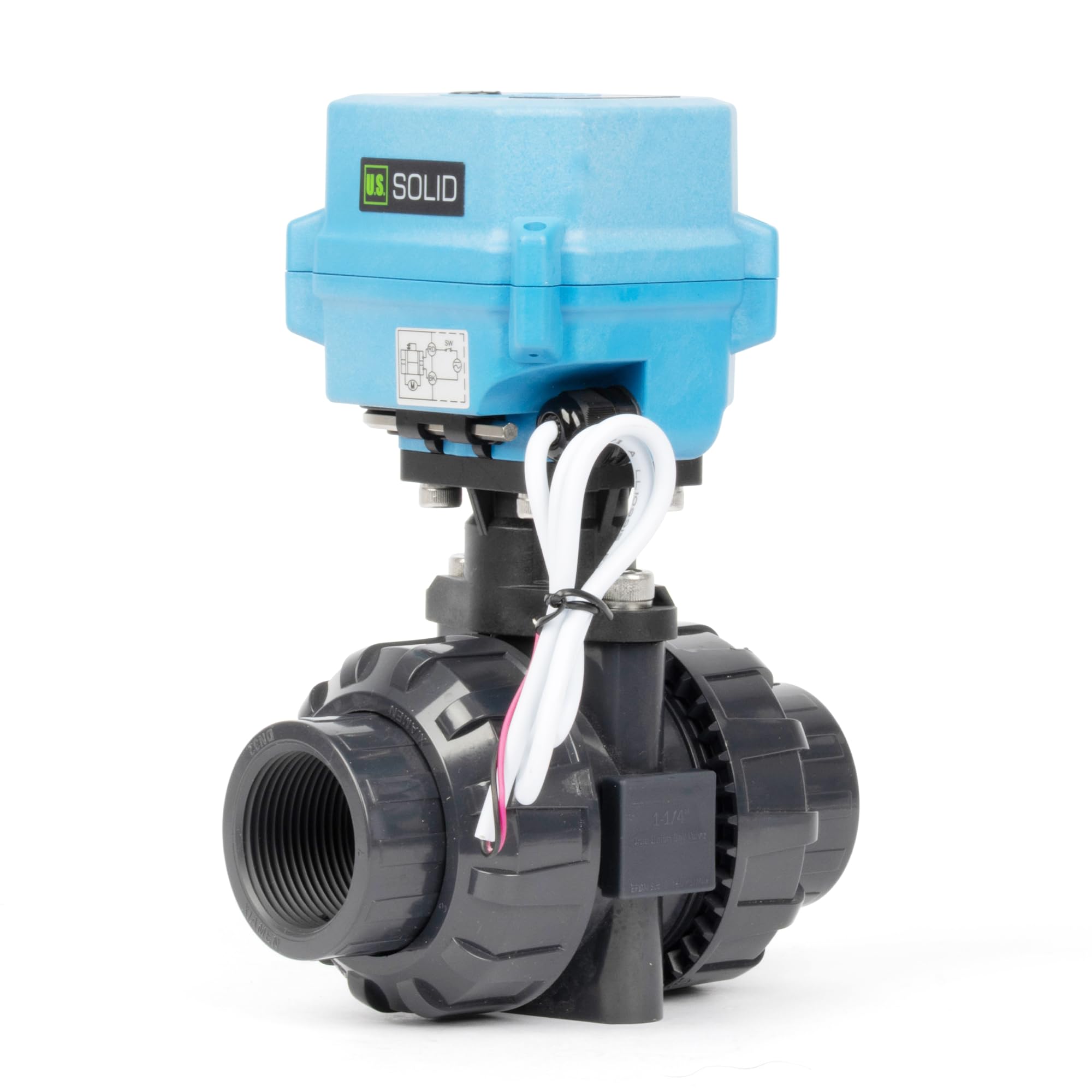 U.S. Solid 1 1/4" UPVC Elektrischer Kugelhahn, G-Gewinde, 9–24 V AC/DC, 2-Draht-Auto-Rücklauf, IP67, stromlos geschlossen mit manuellem Reset für Wasser und Luftsysteme