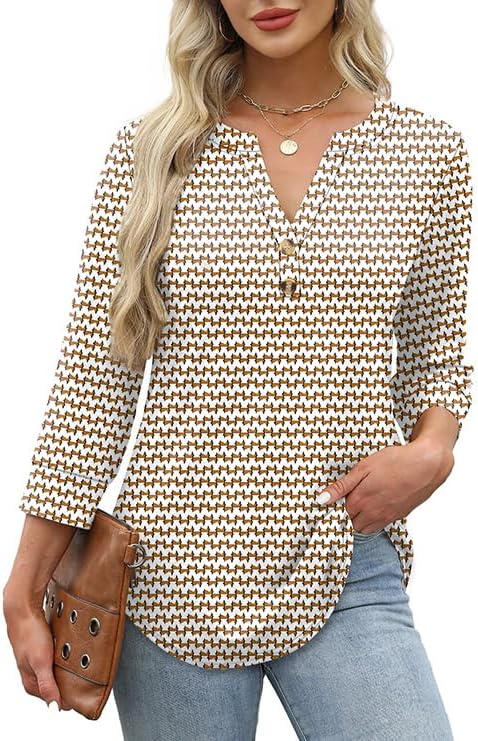 OFEEFAN Womens Tops 3/4 Sleeve Henley Shirts for Women Summer Outfits Fashion Clothing thumbnail