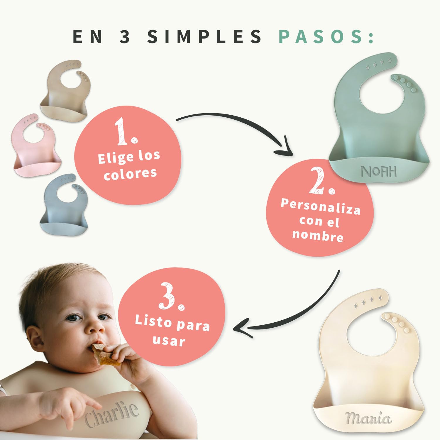 Babero de silicona para bebé con nombre grabado – Babero infantil lavable, impermeable y con bandeja receptora