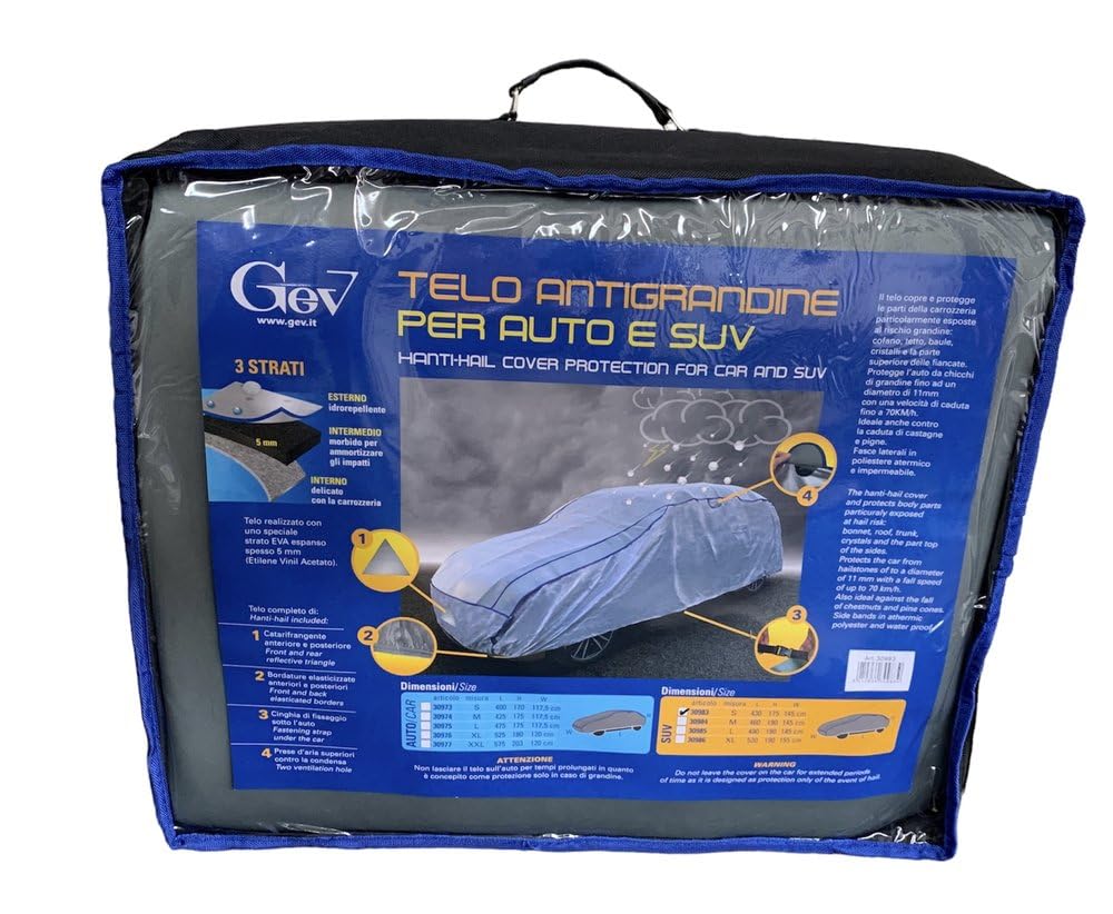 GEV telo antigrandine auto standard xxl– Copertura Impermeabile Antigraffio per Parabrezza, Tetto e Cofano – Protezione da Grandine, Pioggia, Neve e Raggi UV 575 * 120 * 203 cm