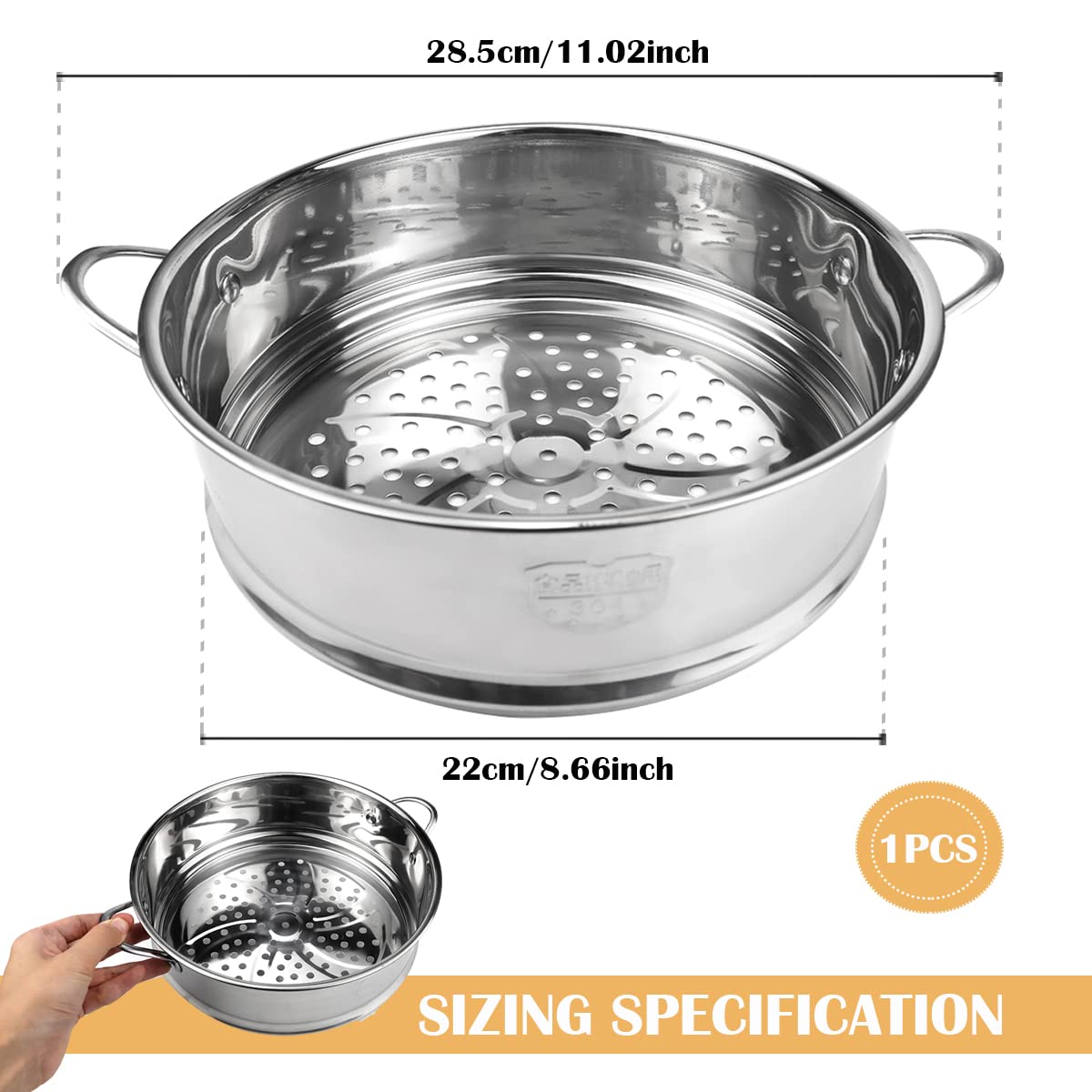 Olla de vapor de acero inoxidable, redonda de 8.6 pulgadas con estante de cocina y cesta de vapor de alimentos para cocina Dim Sum Dumplings Bun (plata, 22 cm)