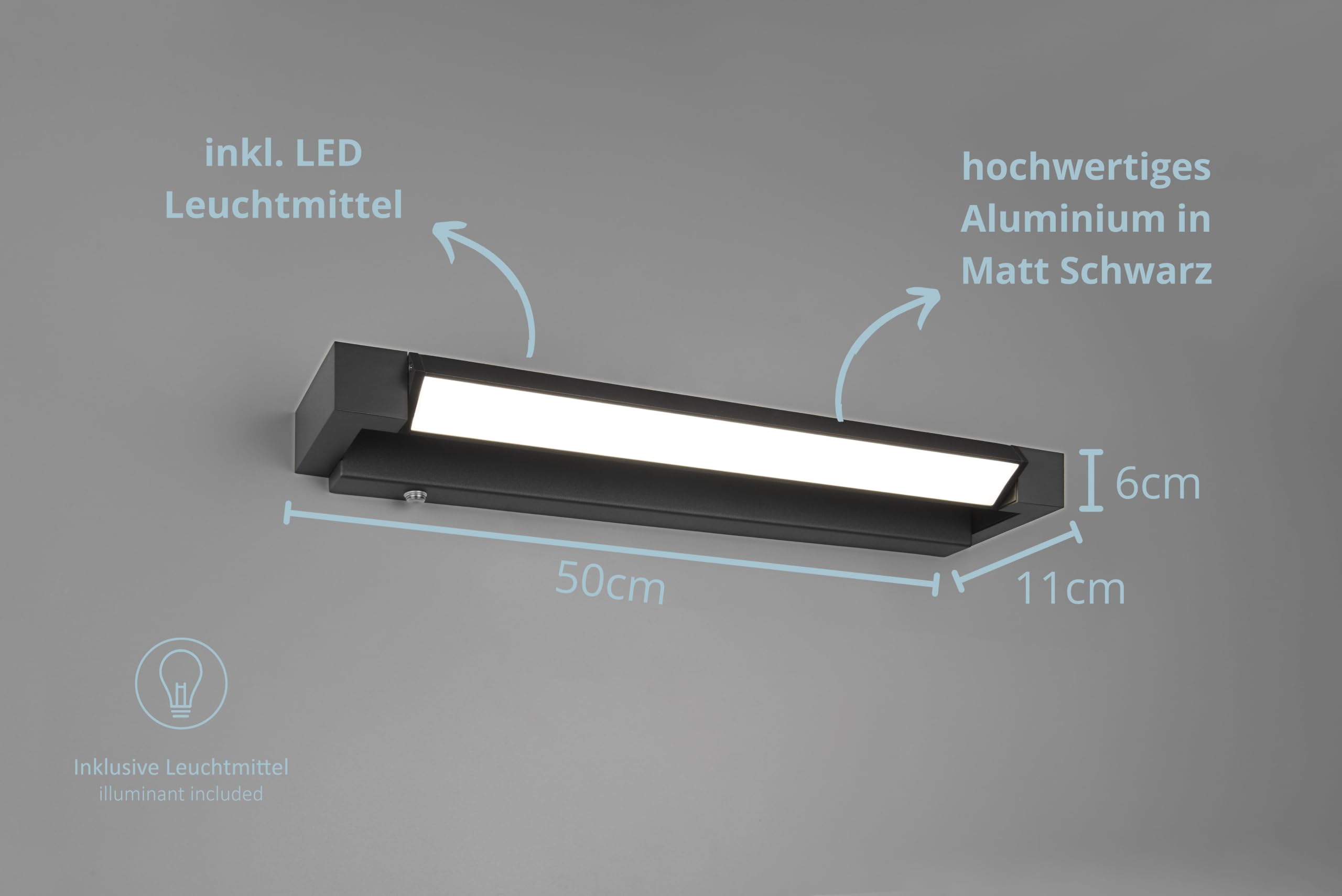 LED Wandleuchte Fabian, lange Wandlampe Badezimmer, Innen Außenbereich, schwenkbar, dimmbar, IP44, Lichtfarbe & Helligkeit einstellbar, Höhe 6 cm Breite 50 cm, Aluminium, Schwarz Matt