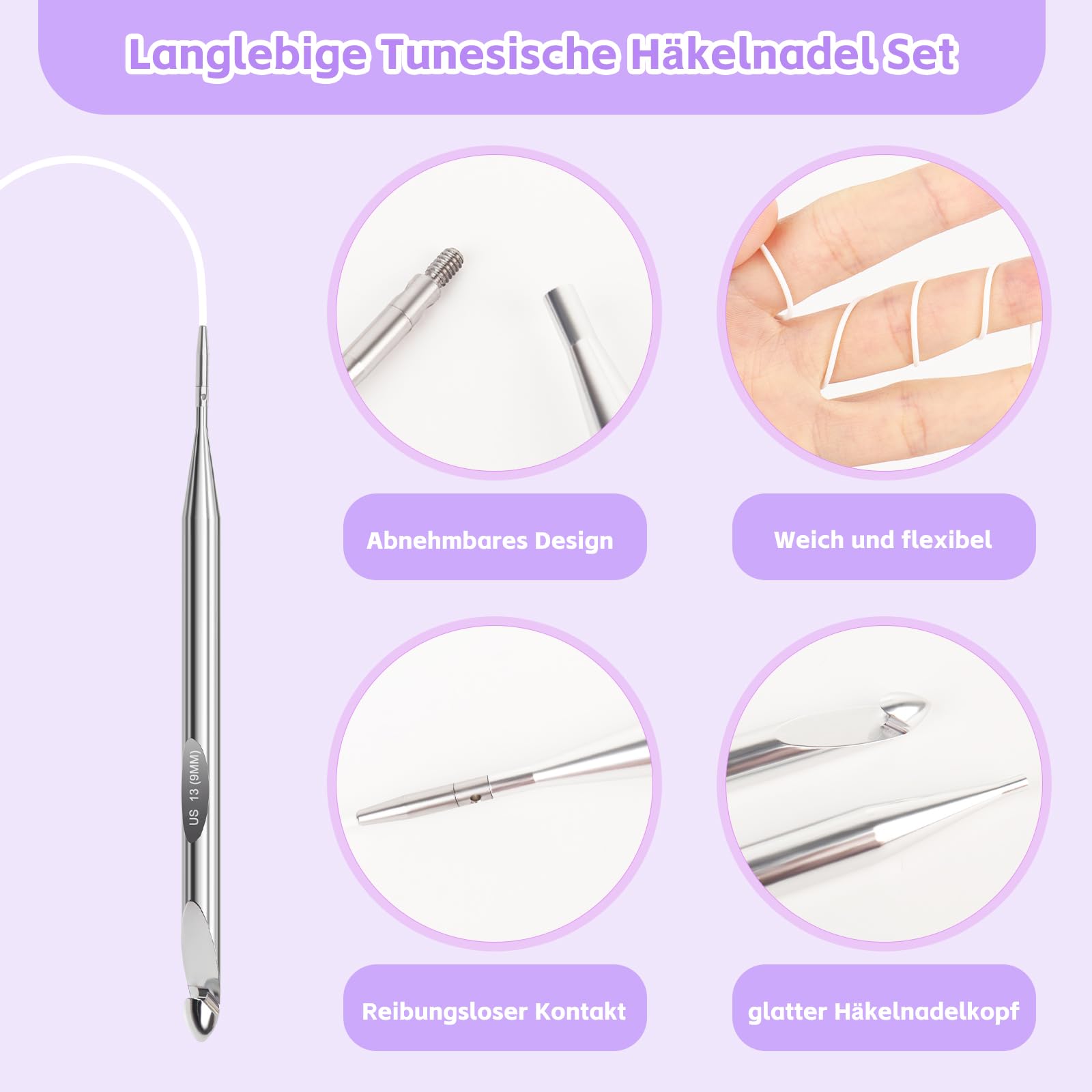 Coopay Tunesische Häkelnadel Set, 3,0-10mm Austauschbare Tunesische Häkelnadeln mit Seil 40cm/60cm/80cm/100cm, Afghanische Häkelnadel Set, Lange Häkelnadeln für Anfänger