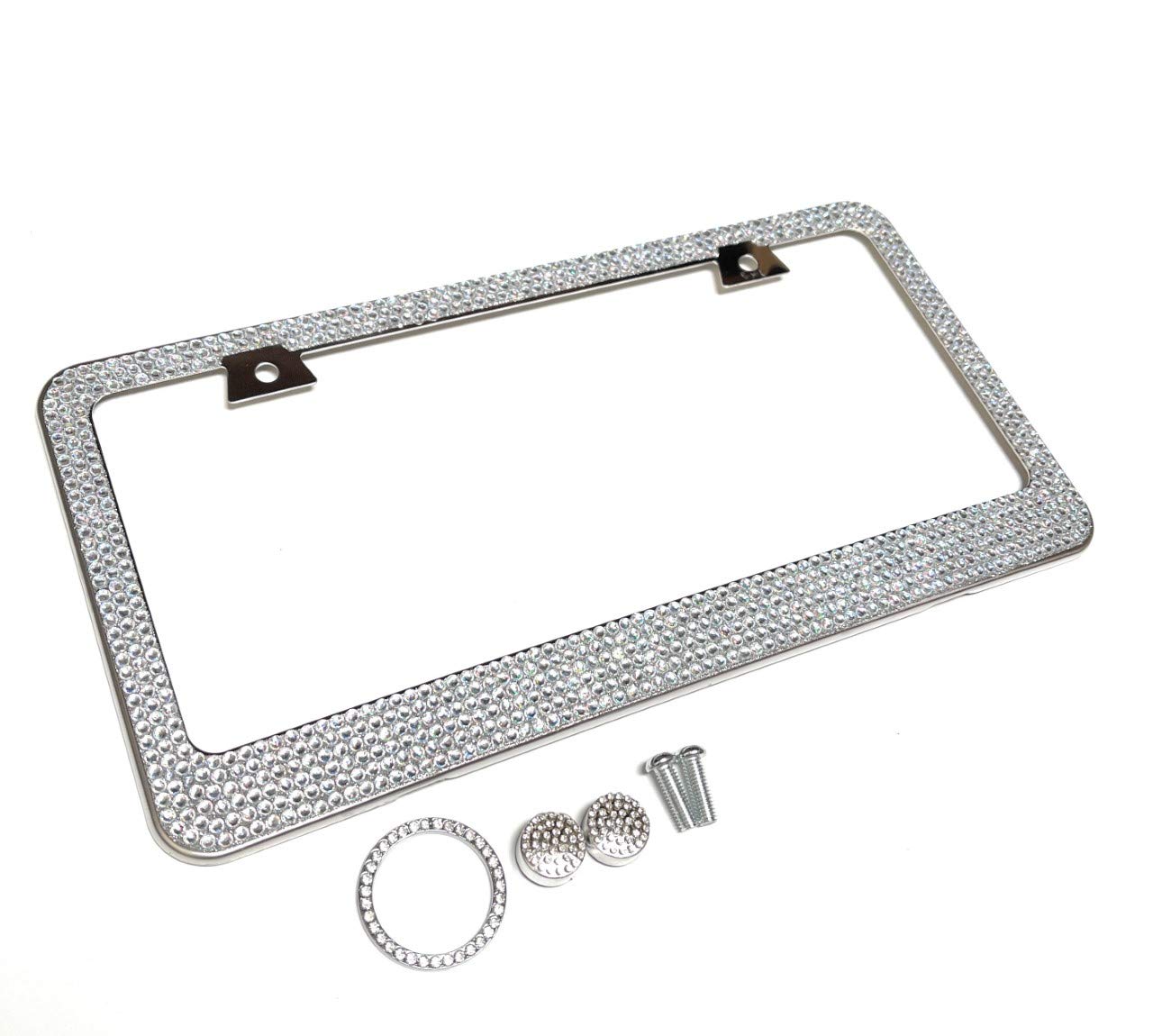 JR2 Popular 7 Row Bling White Crystal Metal Chrome License Plate Frame + Matching Cap +Screw+Free Pink Ring Emblem