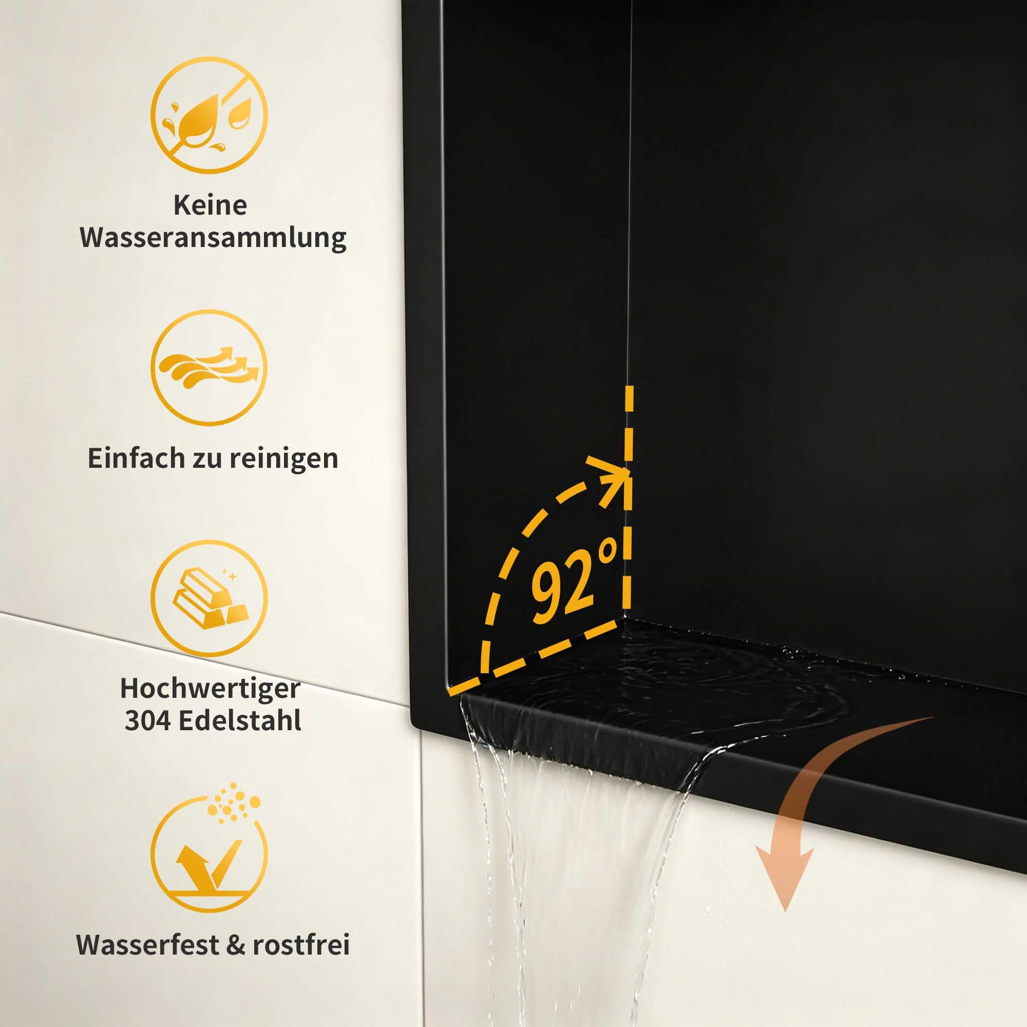 Duschnische Edelstahl mit RGB LED, Wandnische für das Bad | 20 dynamische Beleuchtungsmodi, Wandnische Dusche mit Fernsteuerung und Farbwechselbeleuchtung, 60cm×30cm, Schwarz