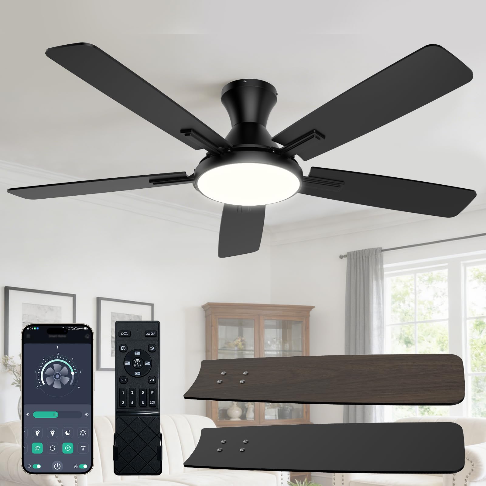Photo 1 of Ceiling Fan with Lights, 52” Ceiling Fan with Light and Remote/APP Control, 2700-6500K CCT Adjustable, Stepless Dimmable, Quiet Reversible Motor, Flush Mount LED Fans Light for Bedroom Living Room
