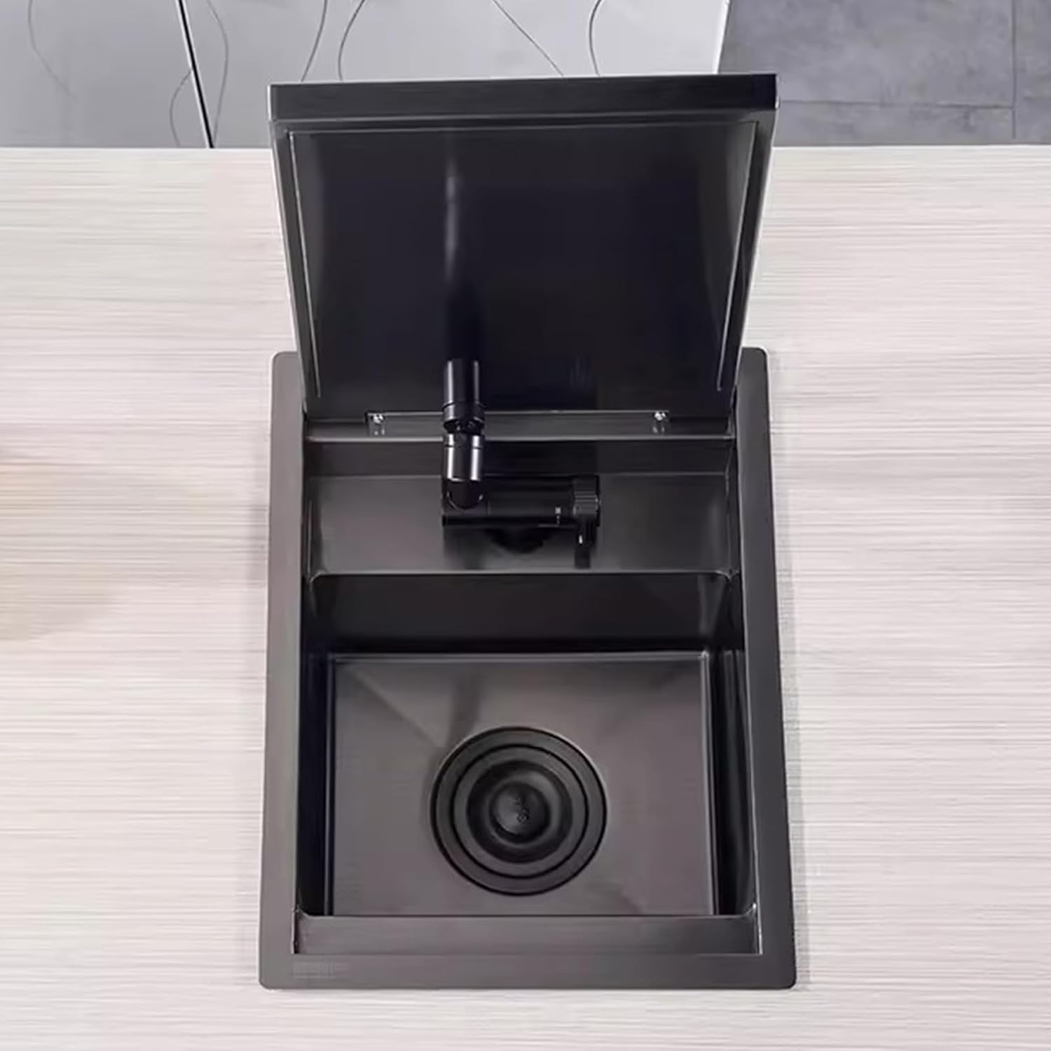 Black Kitchen Sink with Cover Bar Sink 304 Stainless Steel Sink Foldable Faucet Hidden Sink RV Sink,30x39x23cm