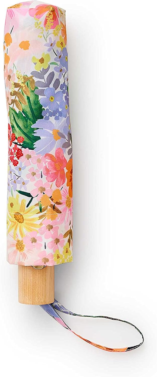 RIFLE PAPER CO. Umbrella | Matching Storage Sleeve, Portable Fold Up Size, Auto Open and Close, Wooden Handle, 43" Open Diameter, Printed in Full Color (11⅛" Closed Length), Marguerite