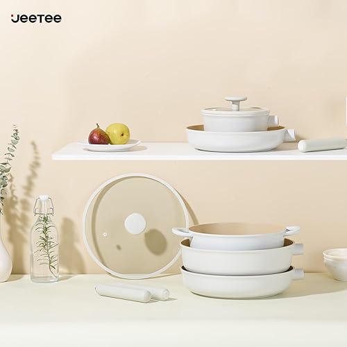 Miniatura 7 de JEETEE Juego de utensilios de cocina de cerámica, 15 ollas y sartenes antiadherentes con asas extraíbles, juego de utensilios de cocina de inducción