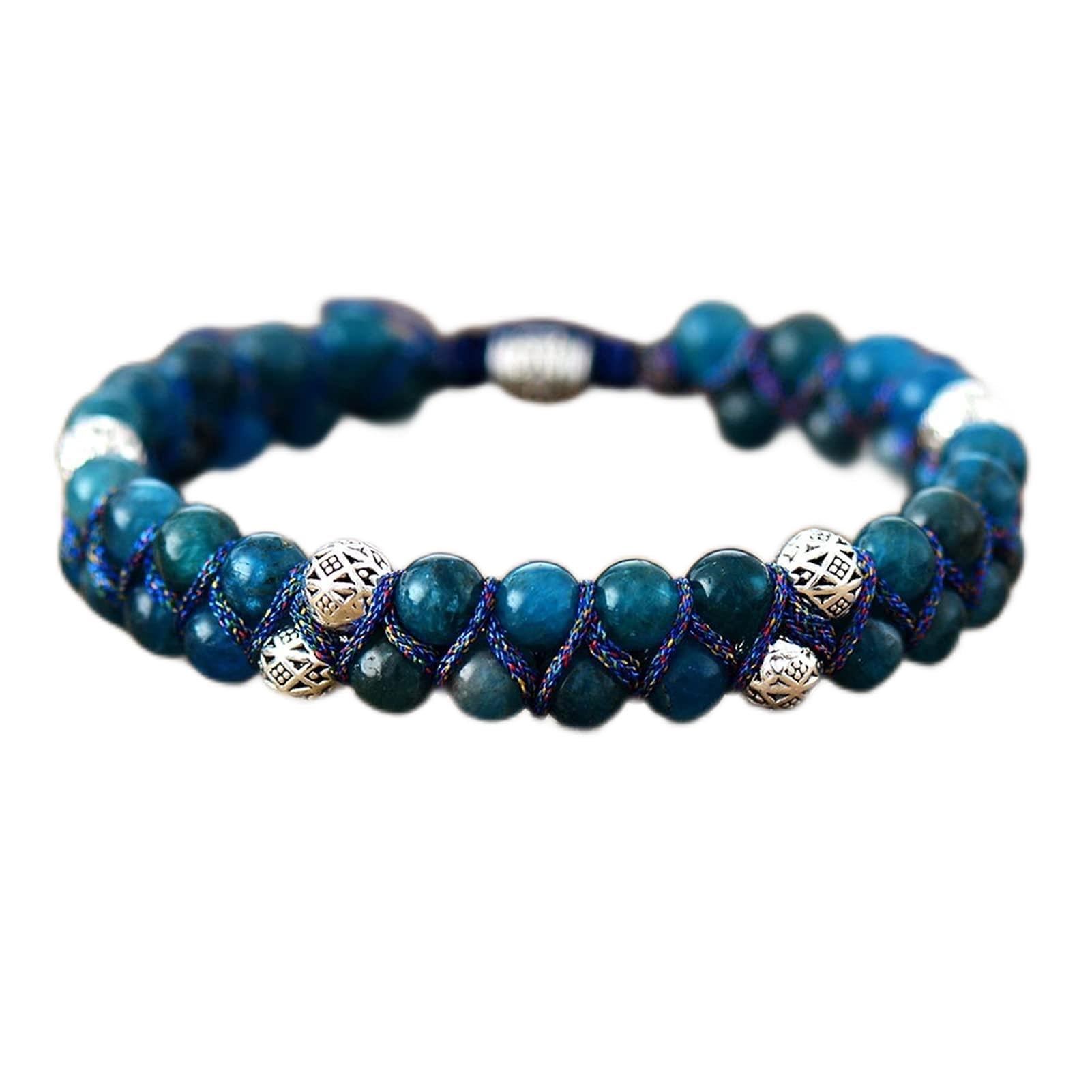 CrEev Pulseras naturales de 0.236 in de apatita trenzada para amantes de la amistad, pulsera de macramé, pulsera de cuentas de joyería (color de metal: talla de hombre)
