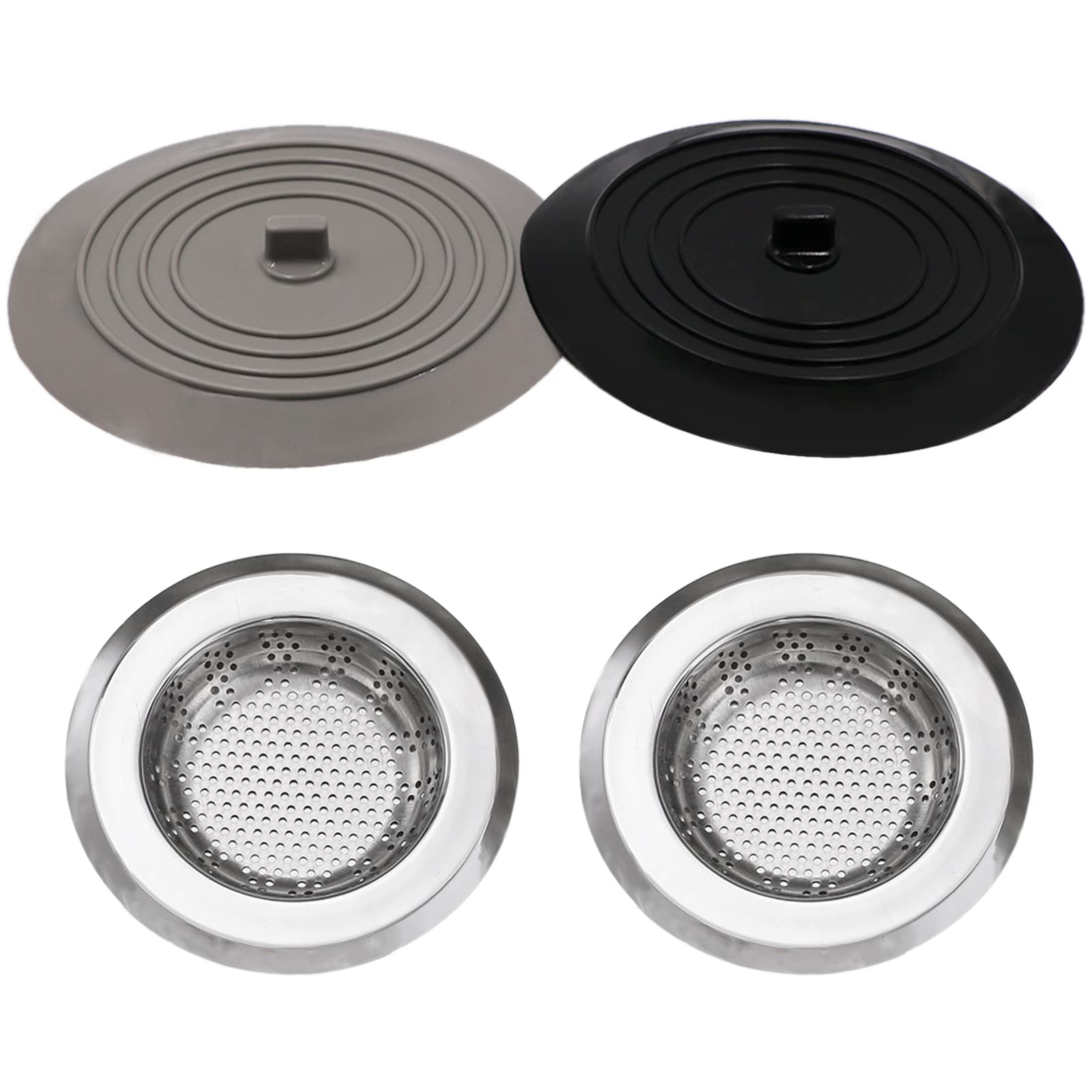 V-TOP Sink Strainer Stopper 4 Pack, Universal Silicone Kitchen Sink Drain Strainer Cover Plug Stopper Kit, 4.5 Inch Stainless Steel Sink Filter Strainer, Food Catcher for Kitchen Sink