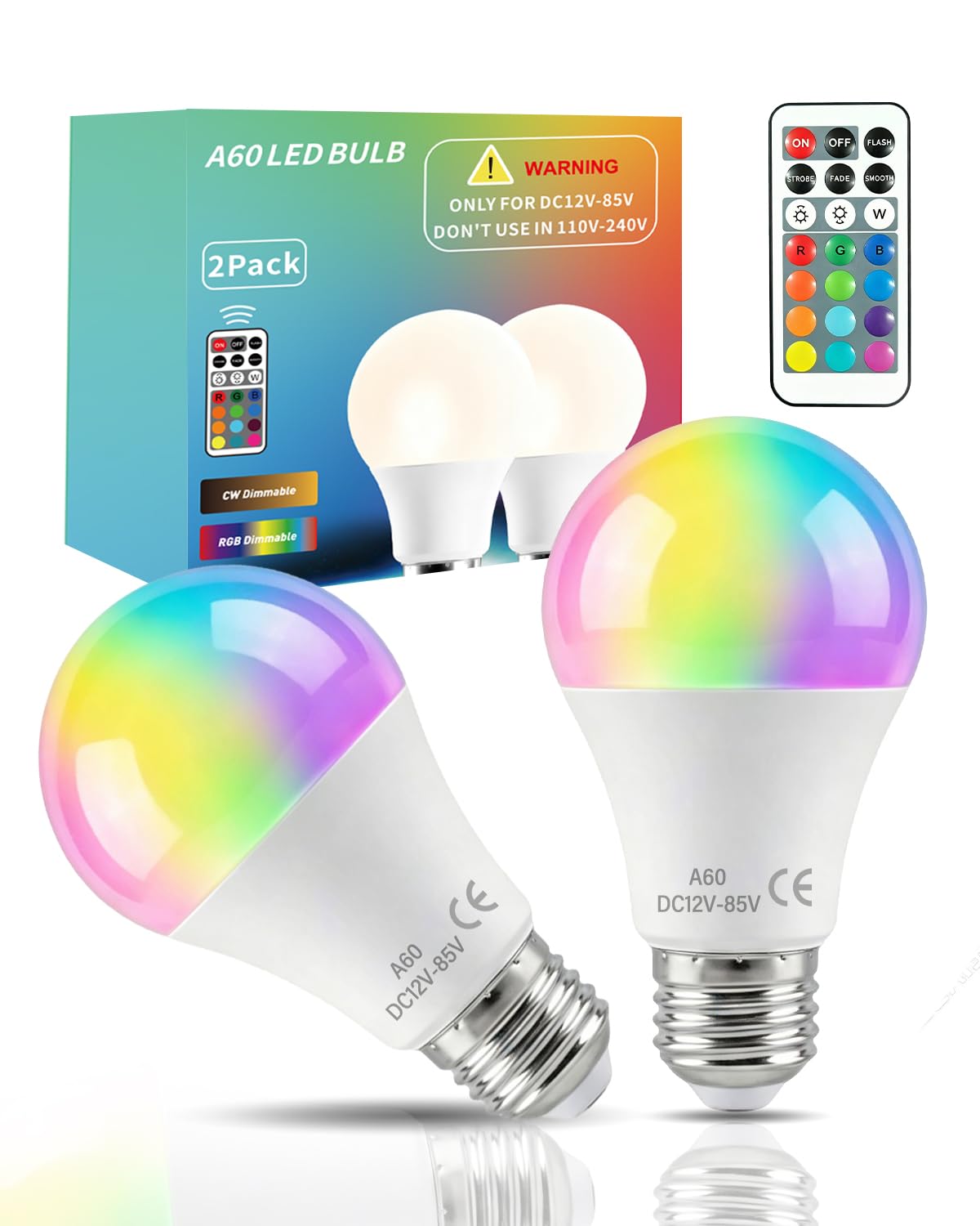 12V LED Lights, Dimmable RGB & 6000K E27 Color Changing Bulb, DC12-85V