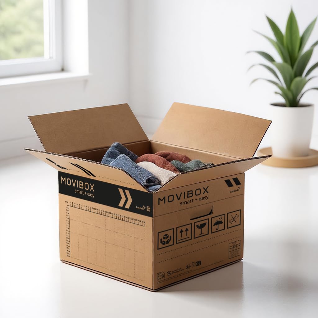 Lavatelli Movibox - 10 boîtes de déménagement 50 x 35 x 35 cm taille universelle - Double vague robuste - Avec symboles contenu et pièce destination, poignées pré-découpées - boîtes en carton