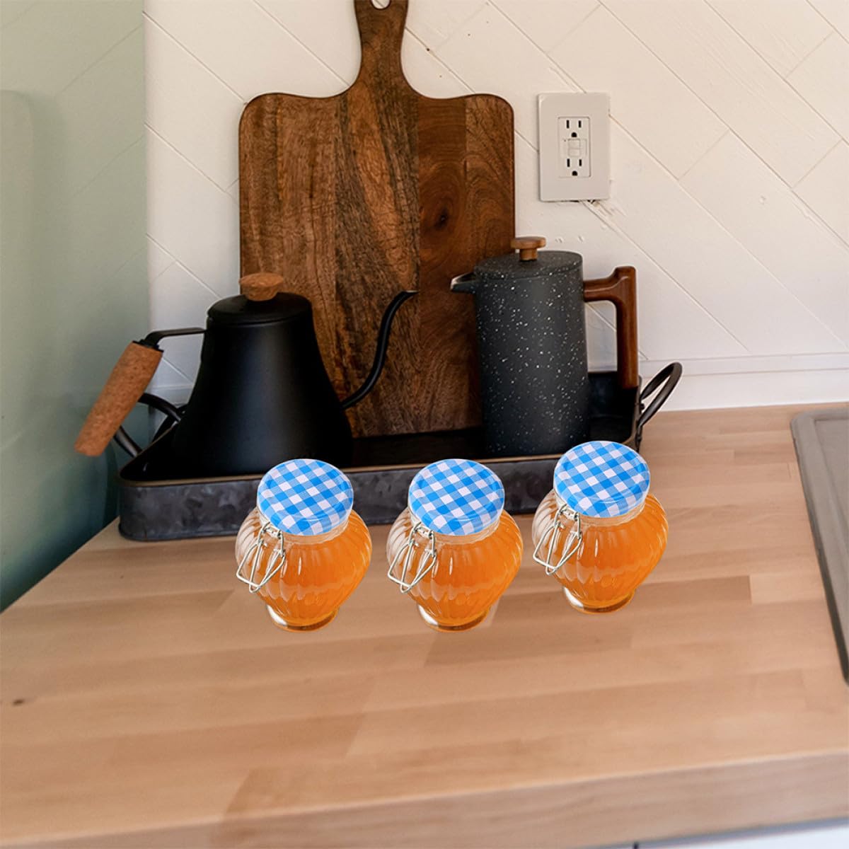 Lot de 50 Couvercles Hermétiques en Fer 63 Mm à Carreaux Bleus pour Bocaux de Conserve, Couvercles de Remplacement Pratiques et Réutilisables, Adaptés aux Pots à Confiture