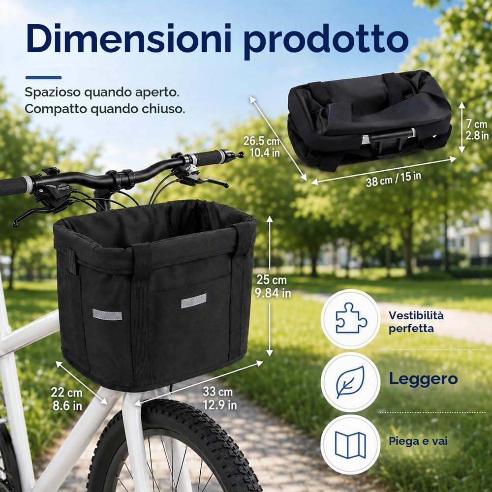 Cestino Bicicletta Anteriore, Pieghevole Rimovibile Cestino Bici, Tessuto Oxford 600D Telaio in Alluminio Cesto Bici Anteriore per Spese Campeggio Pendolarismo Cani Piccoli Pendolari, Nero