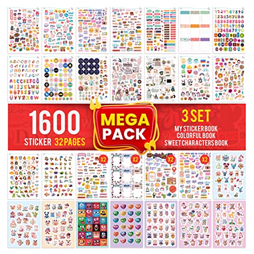colortouch Mega Sticker Pack, 1600 Pcs Scrapbook Stickers for Children Adults, Kids, Girls