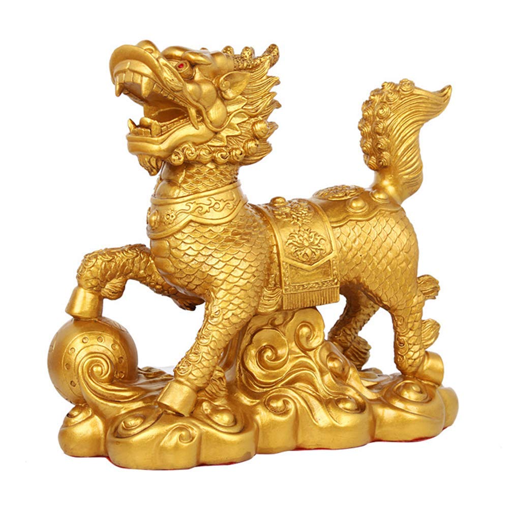 YNIYUJKL Feng Shui Ornament Golden Brass Qilin/Kylin Statue Sculpture, Decoration Gift Attract Wealth And Good Luck For Home Office,Smallset,A-A