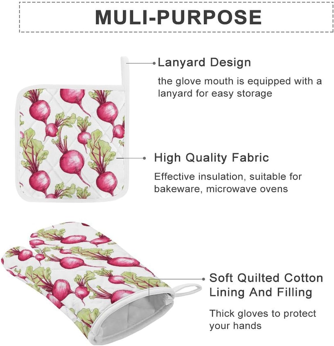 Fresh Beetroot Beets Oven Mitts and Pot Holders 4Pcs Set Heat Resistant Cooking Mitts Hot Pads