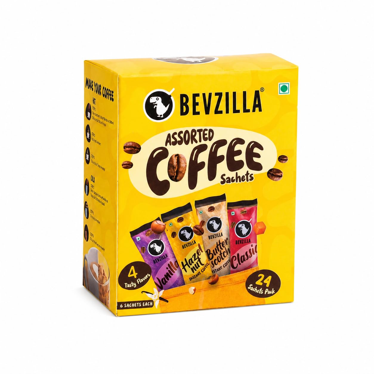 Bevzilla 24 Assorted Instant Coffee Sachets | 24x2Gm Pouches | Arabica Coffee | 4 Flavours: Butterscotch, Classic, Vanilla, Hazelnut | Perfact for Espresso, Latte & Cappucino