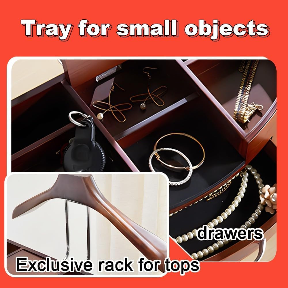 Servo Muto da Camera con Portapantaloni, Multifunzionale Servomuto Indossatore Appendiabiti con Vassoio, Appendiabiti con Cassetto e Portacravatte, Base Solida,