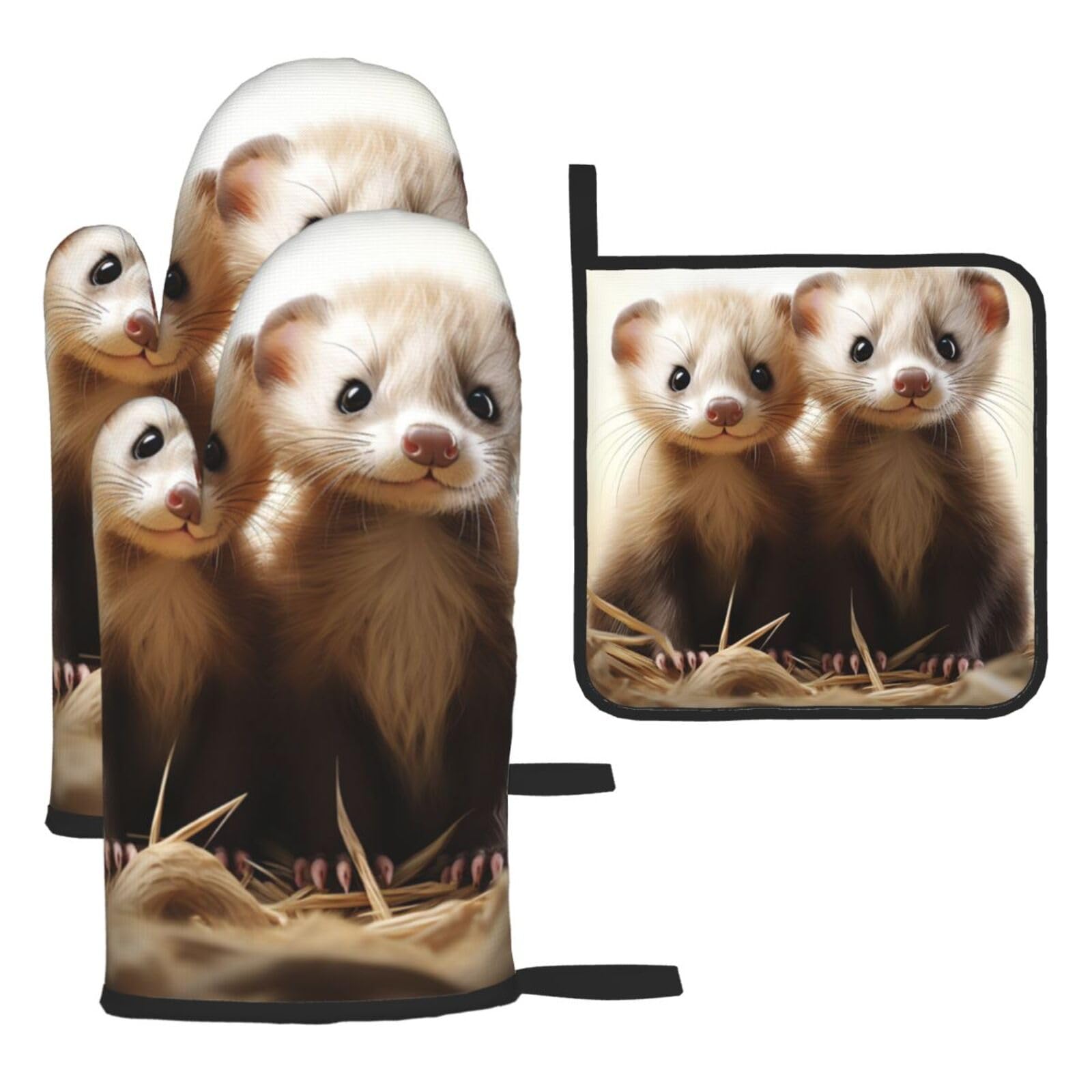Oven Mitts and Pot Holders Sets of 3 Ferrets Oven Mitts 3 Pcs Heat Resistant Non Slip Ovens Gloves Hot Pads Kitchen Gloves Potholders for Baking Cooking BBQ Grilling