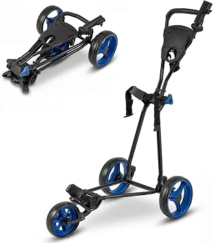 COSTWAY Folding Golf Push Pull Cart, Lightweight 3 Wheels Golfs Trolley with Foot Brake, Umbrella & Cup Holder, Adjustable Handle and Storage Bag