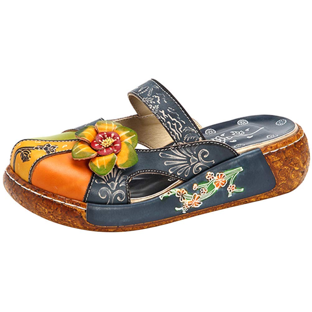 Mordenmiss Women's Colorful Backless Slippers Flowers Leather Vintage Boho Platform Flat Sandals (US 10 B(M), Navy)