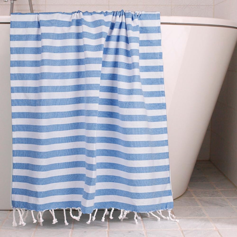 HOMADORN Premium 100% Cotton Striped Fouta Bath, Beach Towels | Soft, Quick Dry & Absorbent | Hand-Knotted Tassels | Turkish Hamam Towel (80x160 Cms) (1, Blue-White)-image-46